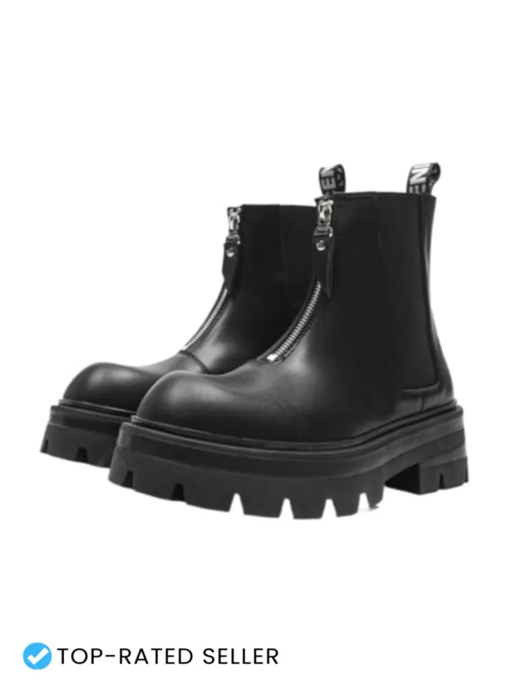Men's Patchwork Leather Front Zip Chelsea Boots Platform Chunky Heel Ankle Boots